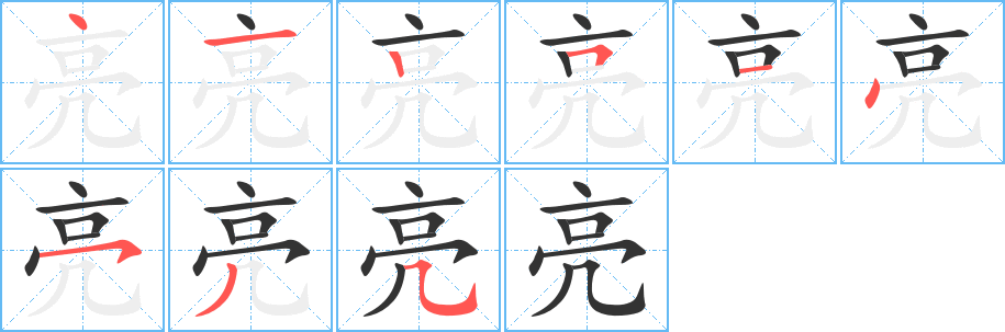 亮的笔顺分步演示